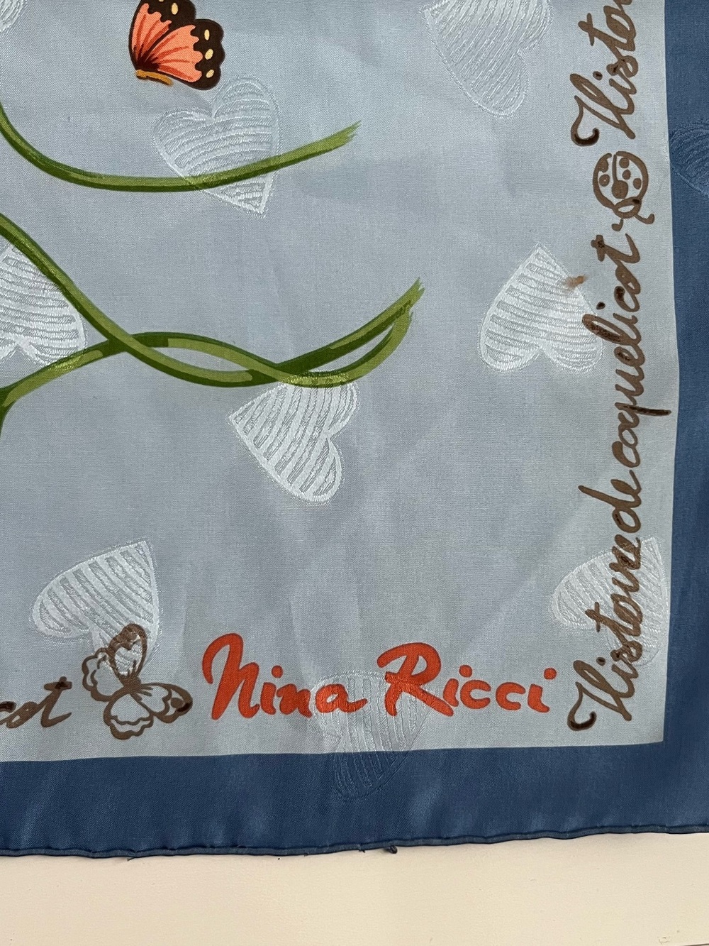 Nina Ricci Blue Scarf with Coral Floral Poppies - Picture 2 of 8